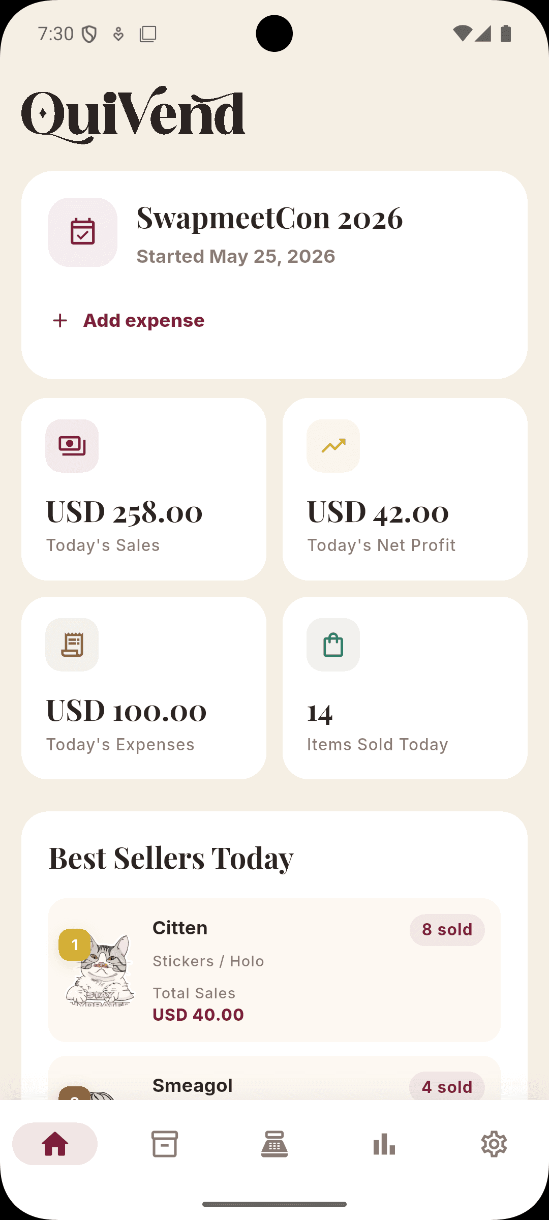 QuiVend home dashboard for the SwapmeetCon 2026 event, showing today's sales, net profit, and expenses in USD, items sold, and a best sellers list